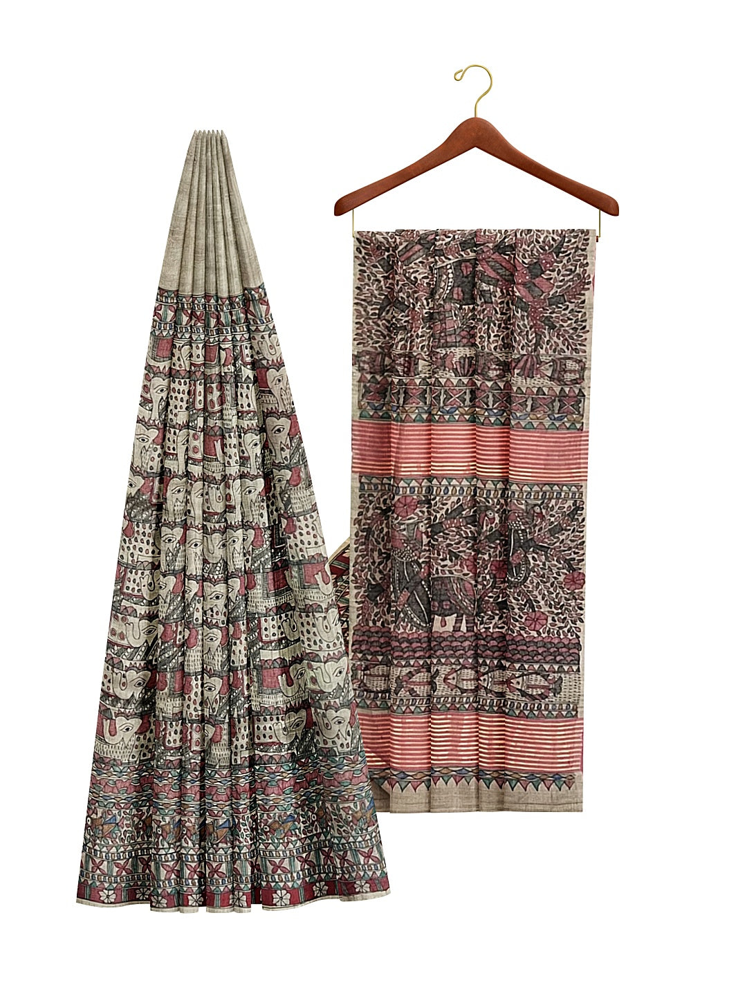 All-Over Handpainted Madhubani Saree on Desi Tussar Silk - Elephant Motifs